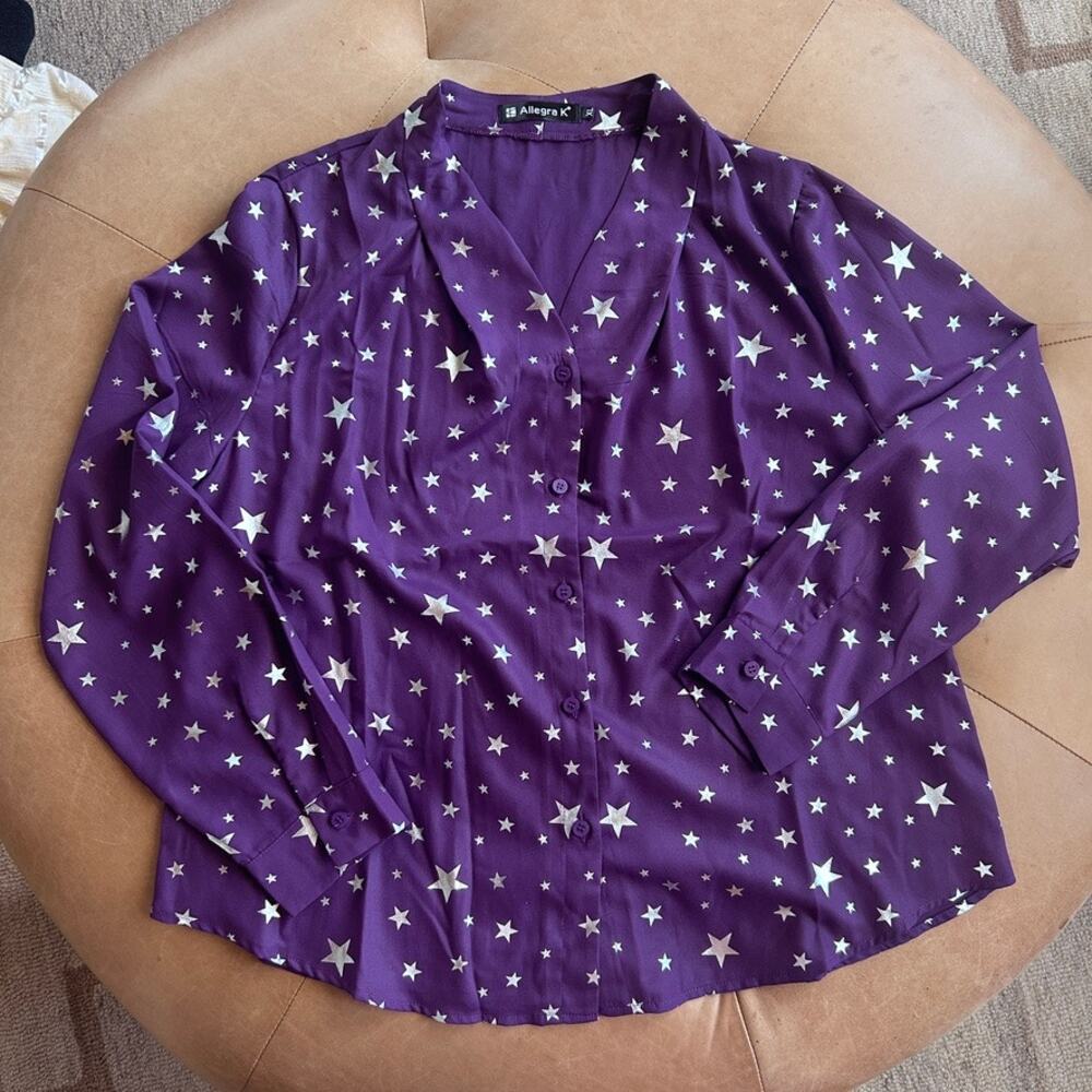 Celestial Star Blouse Purple Silver Metallic Whimsigoth Witchy Halloween XL